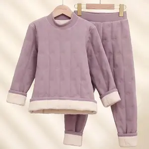 Winter wool filling thermal underwear set for kids and mother thicken 4 layer home wear pajama baby soft kids sweatshirt