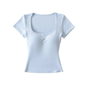 T-shirt <span class=keywords><strong>basic</strong></span> da donna con scollo rotondo, imbottitura sul petto, traspirante, elasticizzato in quattro direzioni, vestibilità slim, crop top estivo a tinta unita - Product Image 6