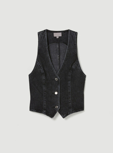 Gilet décontracté <span class=keywords><strong>en</strong></span> <span class=keywords><strong>jean</strong></span> <span class=keywords><strong>noir</strong></span> délavé écologique pour <span class=keywords><strong>femme</strong></span>, <span class=keywords><strong>sans</strong></span> manches, col <span class=keywords><strong>en</strong></span> V, avec boutons argentés, ourlet asymétrique, <span class=keywords><strong>veste</strong></span> courte et cintrée - Product Image 6