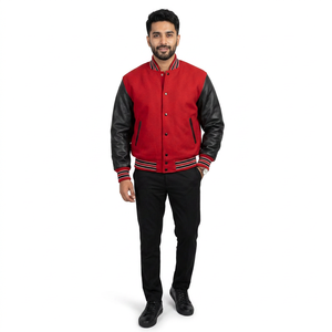 Blouson universitaire de baseball Letterman pour hommes et femmes, style décontracté, coupe-vent, manches en cuir, corps en laine, col rond, devant en toile, hiver - Product Image 1