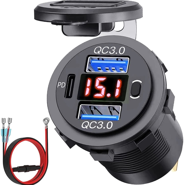 12V USB Outlet Dual USB QC3.0 PD USB C Car Charger Socket With Voltmeter and Power Switch for Car Boat Marine Truck