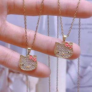 Collane con Ciondolo a Forma di <span class=keywords><strong>Gatto</strong></span> con Fiocco Rosa in Zirconia Placcata Oro, Disponibili OEM ODM, Gioielli all'Ingrosso per Donne - Product Image 2