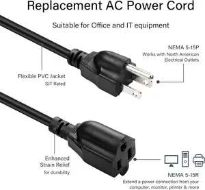 Enchufe americano estándar Nema 5-15pPlug a Nema 5-15R Cable de extensión de alimentación Cable de alimentación Universal de 3 pines Cable de alimentación de CA