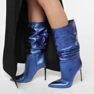 Botas plissadas para inverno, botas femininas na altura do joelho, dedo do pé fino, decoração plissada, confortável, tamanho grande 48