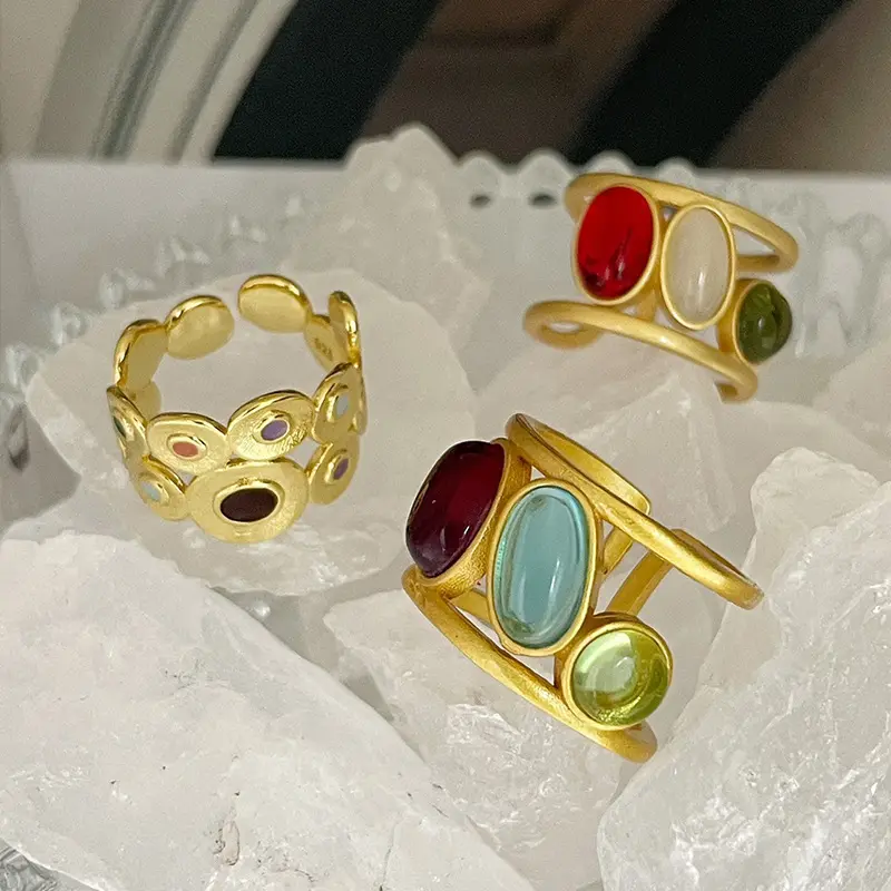 Odm 18K Gouden Plaat Ring Mode Tricolor Edelsteen Emaille Open Ring Gouden Ring Voor Vrouwen Meisjes