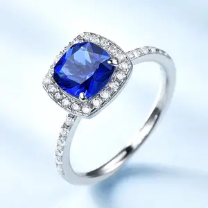 Simulated Blue Sapphire Princess Cut Ring 925 Silver Wedding Ring for Women Gemstone Rings Nano Sapphire US Jewels Prong Setting