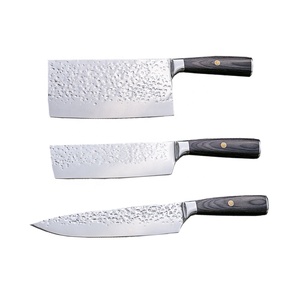 Vendita calda 3 pezzi di coltelli da cucina professionali in acciaio per forgiare verticali <span class=keywords><strong>Set</strong></span> di coltelli da Chef con manico in legno marrone realizzato in acciaio di alta qualità - Product Image 1