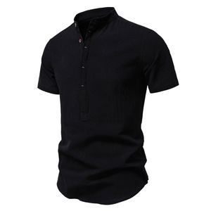 เสื้อเชิ้ตผู้ชายสีขาวล้วน คอตั้ง แขนสั้น ทรงหลวม สวมใส่สบาย ระบายอากาศได้ดี คุณภาพสูง รับทำโลโก้ตามสั่งจากโรงงานโดยตรง - Product Image 2