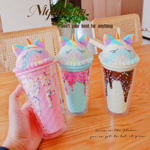Gobelet à glace créatif, gobelet à boire en plastique à double paroi avec couvercle et paille, style fille tendance, cœur - Product Image 5