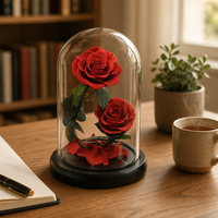 Boîte cadeau en verre avec rose éternelle de luxe, 2 têtes, fleur éternelle, Saint-Valentin, mariage, vente en gros, logo personnalisé