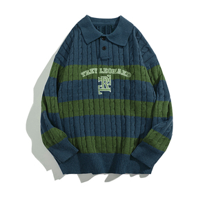 Suéter de punto de rayas multicolores <span class=keywords><strong>9gg</strong></span> de algodón 100% para hombre, suéter de cuello Polo bordado Jacquard personalizado para hombre - Product Image 3