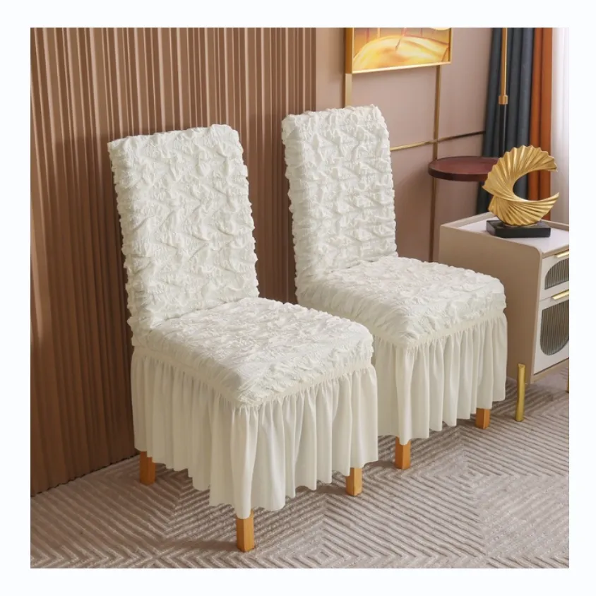 ผ้าคลุมเก้าอี้ผ้าย่นสีทึบผ้าย่นผ้าห่อแบบเต็มยืดหยุ่นป้องกันการลื่นผ้าคลุมเก้าอี้รับประทานอาหาร