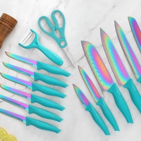 Ensemble de 15 couteaux de cuisine, revêtement en titane arc-en-ciel, acier inoxydable, manche en PP, support en acrylique, en stock, vente en gros GOODA