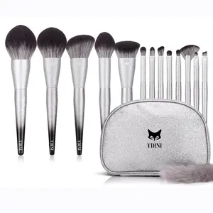 YDINI Silver Fox 13 Stück Luxus-Verpackungs box Vegane Haar kosmetik Beauty Brushes Großhandel Make-up Pinsel Set Mit Tasche