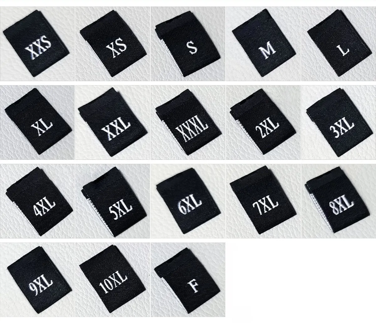 Venta al por mayor pequeñas etiquetas de tamaño negro S M L XL XXL XXXL etiquetas de tamaño tejidas blancas para ropa