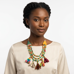 Collar Bohemio con Borlas, Cuentas de Perlas de Imitación Coloridas, Colgantes de Tela Ecológica, Joyería Hecha a Mano para Compromiso - Product Image 2