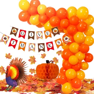 橙色乳胶气球花环拱形套件，配有火鸡南瓜蜂窝枫木横幅，用于感恩节快乐派对用品装饰