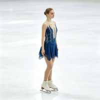 Robe de danse patinage bleu foncé avec maille nude, manches longues, strass argentés et motif en V pour enfants et adultes, idéale pour la compétition et les spectacles