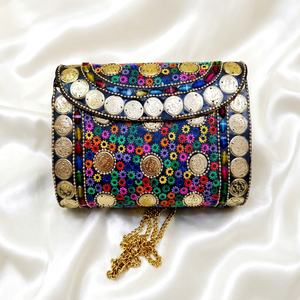 Luxury Bollywood Handcrafted Fashion Metal Clutch With Chain Strap Flap Closure Velvet Lining Multi-Color Evening Wedding Bags - Product Image 1