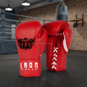 ถุงมือชกมวยหนังสีแดงพิมพ์ลายดิจิตอลแบบกำหนดเอง ยี่ห้อ Iron Punch แบบผูกเชือก ปิดนิ้วเต็มรูปแบบ อุปกรณ์ฝึกซ้อมระดับมืออาชีพสำหรับผู้ใหญ่ - Product Image 3