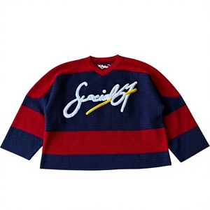 Men's Striped Knitted <b>Pullover</b> Sweater Embroidered Logo Front Winter Wear Regular Sleeve 100% Acrylic - Product Image 1