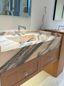 맞춤형 핑크 대리석 세면대 스톤 핸드 워시베이스 벽걸이형 대리석 세면대 호텔 가정용 더블 세면대 욕실 세면대 - Product Image 2