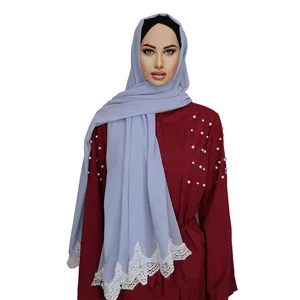 premium Chiffon lace hijab scarf Muslim Malaysia women's silk soft exquisite lace hem fashion chiffon scarf In stock
