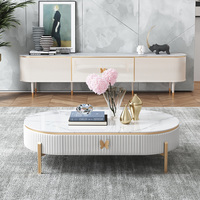 Meubles de salon de style luxueux, pieds en métal, table basse de rangement, plateau ovale, table basse blanche