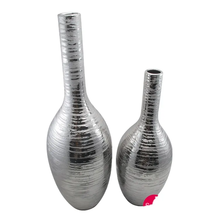Vas keramik dekorasi seni perak Modern botol leher panjang untuk ruang tamu tengah bagian untuk lantai atau meja