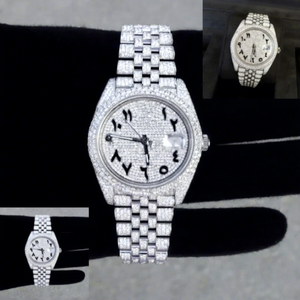 Montre-bracelet en acier inoxydable avec verre diamanté blanc - Mouvement mécanique entièrement automatique, moissanite, résistance à l'eau 10 bars, bracelet noir - Product Image 1