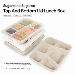 Plateau à emporter XIEFA à 6 compartiments en bagasse de canne à sucre avec couvercle, biodégradable, compatible micro-ondes, jetable, compostable, 800 ml, moderne - Product Image 1