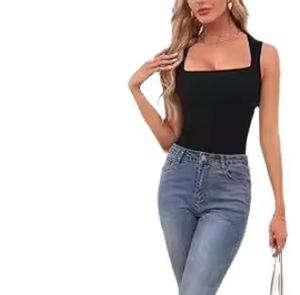 Estilo americano europeu feminino de malha sem mangas Top com cinta com nervuras e pescoço quadrado Design para Casual Summer Wear - Product Image 5