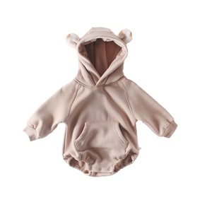 Traje de gateo de una pieza para bebés Ins Hayi, de mezclilla con forro polar, con orejas de peluche, capucha, estampado de leopardo, cremallera YKK, suministro ODM, algodón - Product Image 5