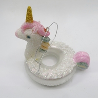 Unicorn Cantik Warna Pink dan Emas Berkilau dengan Cincin Tiup Perak, Manik-manik Putih Mutiara, Ornamen Kaca, Figur untuk Natal