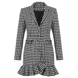 <span class=keywords><strong>2021</strong></span> nouvelles dames noir et blanc Vintage Plaid Patchwork robes à la mode officielles pour les dames tenue de réunion - Product Image 4