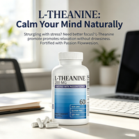 L-Theanine 200mg dengan Kapsul Passion Flower 60 Buah Non-GMO Bebas Gluten Bebas Kedelai Tidak untuk Ibu Hamil Suplemen OEM