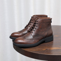 Sepatu bot pendek kasual pria, sepatu bot Ankle kulit sapi asli Retro, sepatu bot sepeda motor berjalan sol tebal elegan untuk pria