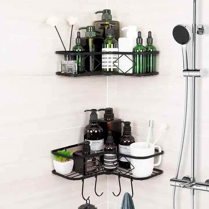Stainless Steel Shower Caddy With 6 Hooks - Adhesive Mounted Wall
