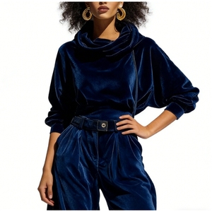 Women's Hooded Velvet 2 Piece <b>Set</b> - Elegant Long-Sleeve Top & Baggy Pants Formal Casual Outfit Fashion - Product Image 2