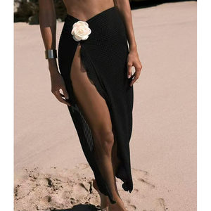 Robe <span class=keywords><strong>de</strong></span> plage texturée fendue pour <span class=keywords><strong>femme</strong></span>, sarong midi à bretelles spaghetti avec fleurs 3D pour les vacances d'été - Product Image 2