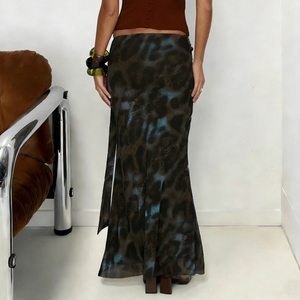Falda Midi Ajustada con Panel de Malla con Estampado de Leopardo Vintage, Cintura Natural, para Mujer, Otoño - Product Image 4