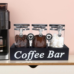 Estante de almacenamiento para barra de café, tarros de vidrio con tapa con clip, contenedor hermético para granos de café, organizador de almacenamiento de azúcar, rectangular, negro - Product Image 3