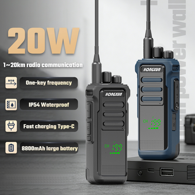 HX 8300 20W UHF Walkie Talkie 350-550MHz 20KM Long Range CTCSS/DCS Scrambler SOS VOX Large Battery Segment LED Display IP54