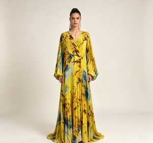 Abito lungo da donna 2026 <span class=keywords><strong>giallo</strong></span> con stampa marmorizzata, plissettato, casual, scollo a V, maniche a sbuffo, per serate ed eventi, tinta unita - Product Image 1