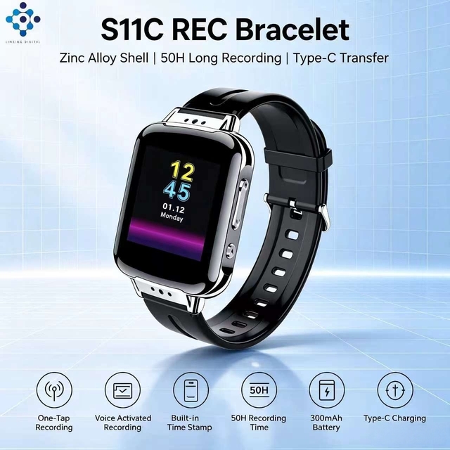 S11C Smart Wrist Watch Voice Recorder One-Key Recording Voice Activated Time Stamp Step Counter for Business Meeting Office Work
