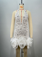 Robe mini respirante à col halter, unie, ornée de perles et de cristaux, à volants, taille haute, coupe crayon
