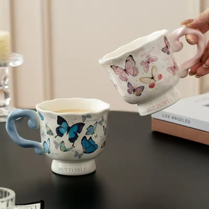 High Aesthetic Cartoon Ceramic 400ml High <b>Footed</b> Coffee <b>Mug</b> Customized Color Logo Couple Party Gift for Home Use Dishwasher - Product Image 1