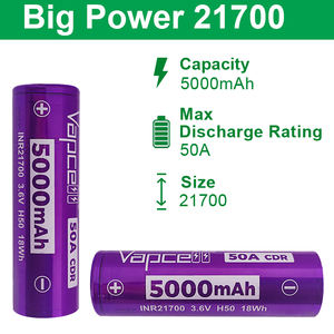 Batterie <span class=keywords><strong>Vapcell</strong></span> <span class=keywords><strong>21700</strong></span> 5000mAh Grande Puissance INR21700 3.6V Batteries Lithium-ion Rechargeables 50A Décharge Élevée <span class=keywords><strong>21700</strong></span> - Product Image 2
