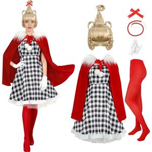 YUIQPKJX Elf Costume Adult Christmas Outfit Plaid Dress Red Cape Wig Gloves Holiday Costume - Product Image 2