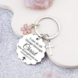 Llavero con Colgante de Cruz de Flores Rosadas, Grabado en Acero Inoxidable, el Más Vendido, Regalo Ideal - Product Image 3